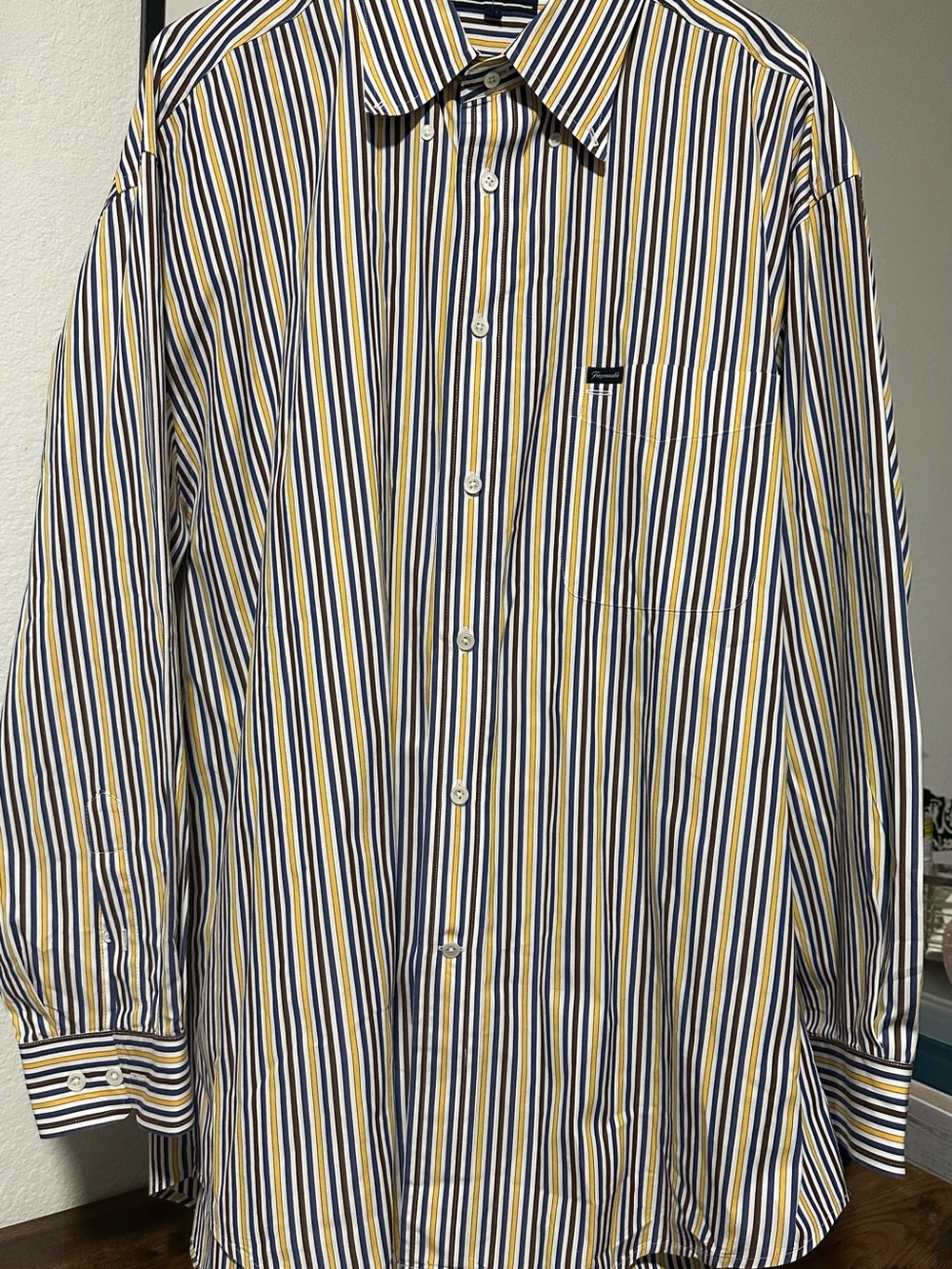 Faconnable Navy, White & Yellow Striped Long-Sleeve Button-Down Shirt